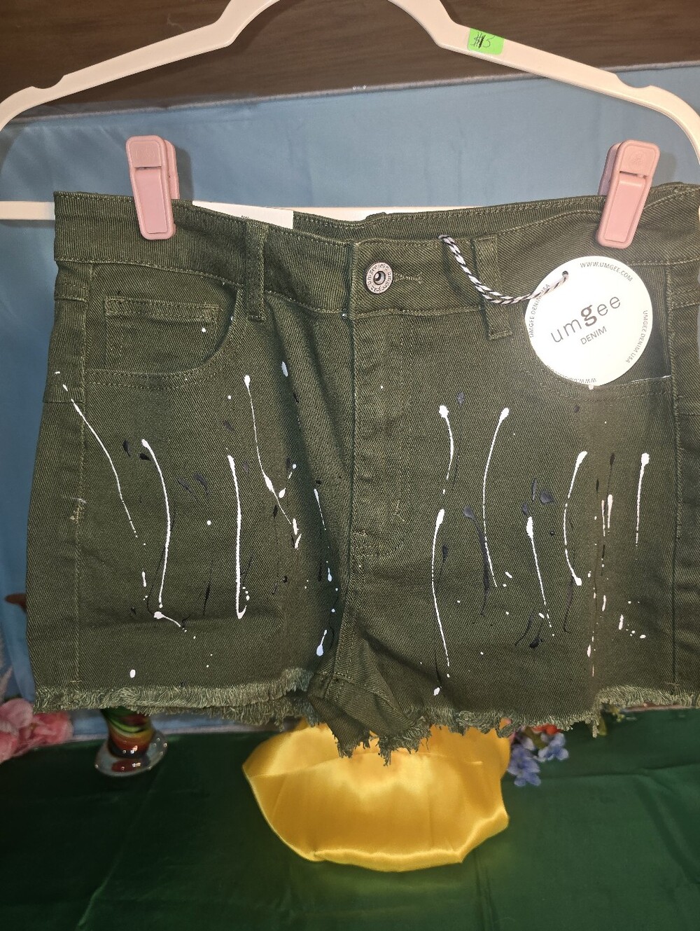 Umgee Olive Green Paint-Splatter Frayed Hem Denim Shorts